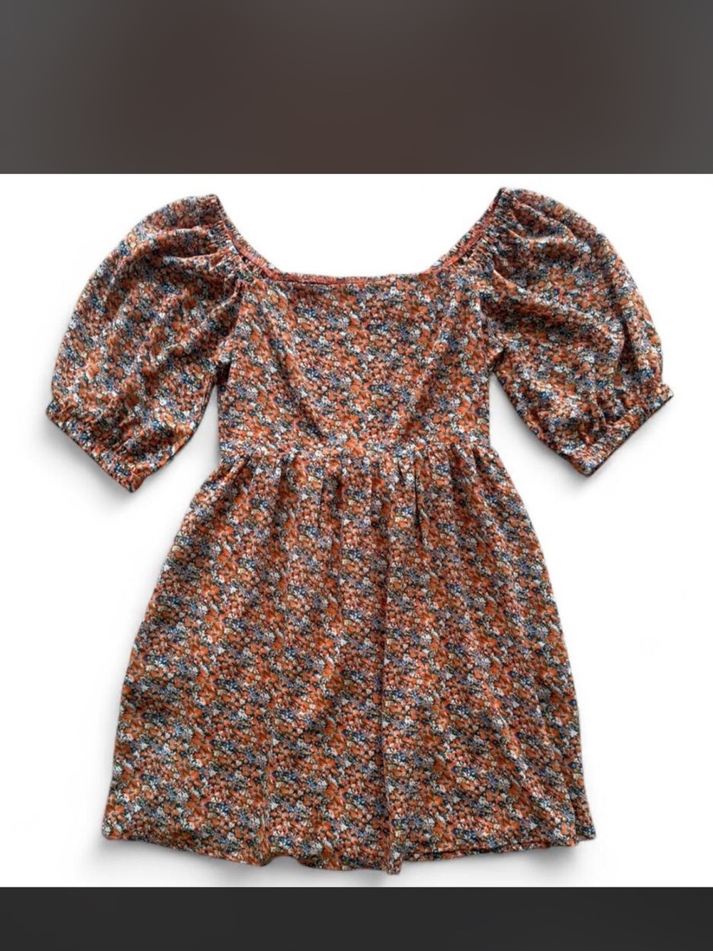 Floral Puff-Sleeve Mini Dress in Rust Blue
